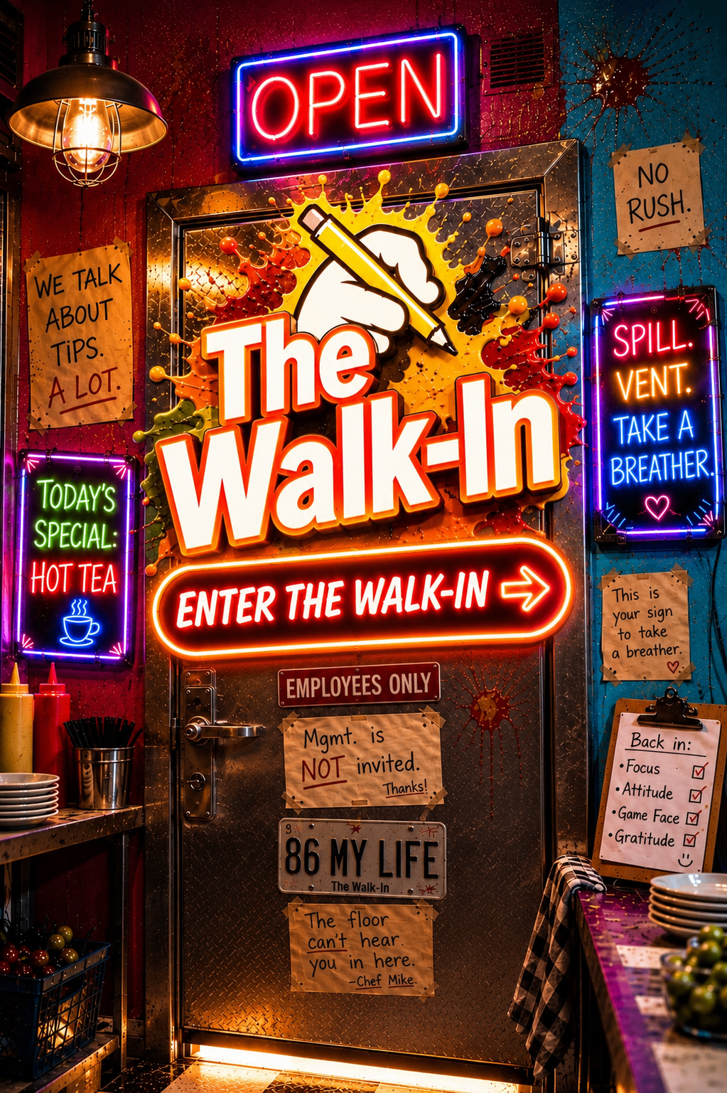 The Walk-In entrance: a restaurant walk-in door with a neon Enter The Walk-In sign