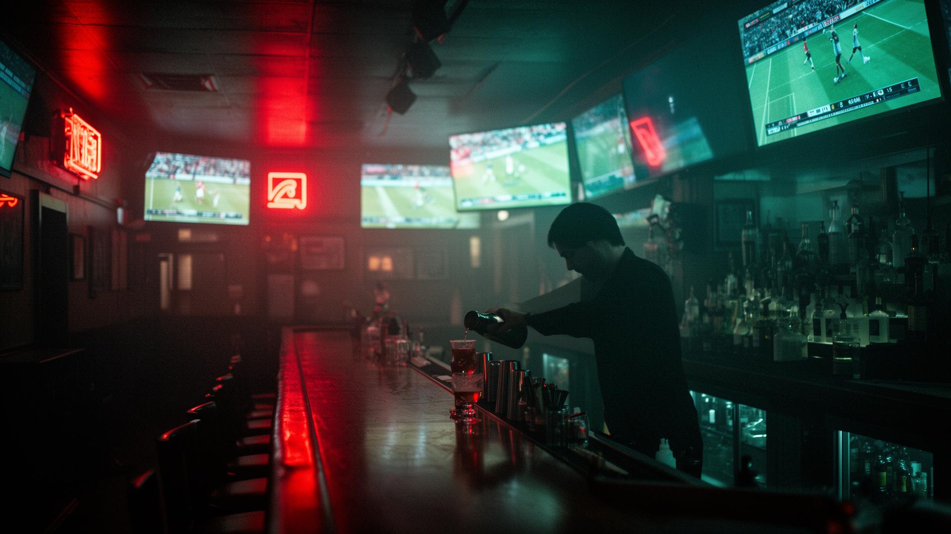 Cinematic sports bar interior with red neon glow